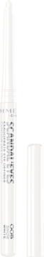 Biała automatyczna kredka do oczu Rimmel Scandal'eyes Exaggerate 005 Snow White, z odkręconą skuwką.