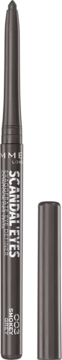 Automatyczna kredka Rimmel Scandal'eyes Exaggerate 003 Smokey Grey, ciemnoszara, stojąca, z otwartą skuwką.