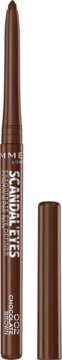 Rimmel Scandal'eyes Exaggerate 002 Chocolate Brown automatic eyeliner, upright, cap off, beside it.