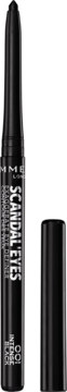 Rimmel Scandal'eyes Exaggerate 001 Intense Black automatyczna kredka do oczu, pionowo z otwartą skuwką obok.