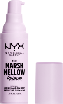 NYX Marshmellow Primer, baza wygładzająca z prawoślazem, jasnofioletowa butelka z pompką, widok z przodu.