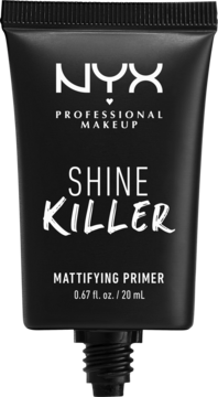 Tubka NYX Shine Killer matującego primera, czarna z białym tekstem, widok z przodu, z otwartym aplikatorem.