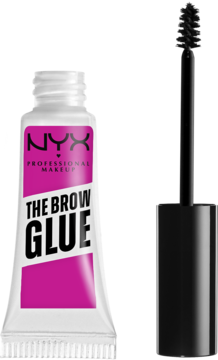 NYX The Brow Glue do laminacji brwi, biała tubka z różową etykietą i czarna szczoteczka obok.