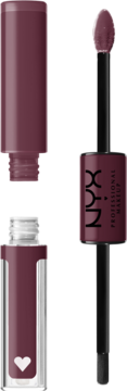 NYX dwustronna pomadka w płynie, bordowa z matowym wykończeniem i błyszczyk, otwarta, aplikatory.