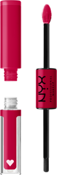 NYX dwustronna płynna pomadka różowa z aplikatorem i przezroczystym top coatem z sercem na butelce.