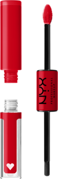 Czerwona dwustronna pomadka NYX Shine Loud z otwartym aplikatorem pigmentu i przezroczystą tubką top coatu.