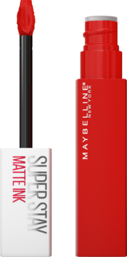 Czerwona, matowa szminka Maybelline Super Stay Matte Ink z wyjętym aplikatorem, widok z przodu.
