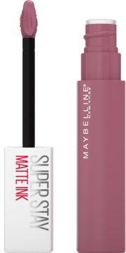 Maybelline Super Stay Matte Ink, matowa szminka w płynie w odcieniu brudnego różu, z widocznym aplikatorem.
