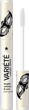 VARIÉTÉ lash prime w białej tubce z maską, obok otwarta z białą silikonową szczoteczką, widok całości.