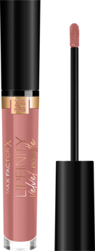 Matowa pomadka Max Factor Lipfinity Velvet Matte Elegant Brown z wyciągniętym aplikatorem.
