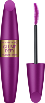 Purpurowy tusz Max Factor Clump Defy False Lash Effect, obok aplikator z fioletową szczoteczką.