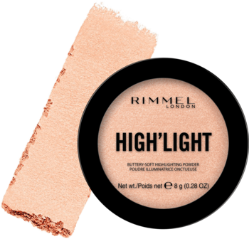 Rimmel High'light rozświetlacz w okrągłym czarnym opakowaniu, obok świetlisty swatch pudru w odcieniu Candlelit.