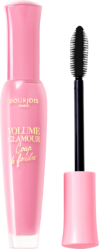 Różowy tusz do rzęs Bourjois Volume Glamour Coup de Foudre, butelka z wyjętym czarnym aplikatorem.