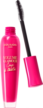 Bourjois Volume Glamour Coup de Th&#xE9;atre tusz, jasnoróżowa butelka z otwartą czarną szczoteczką, widok z przodu.