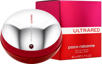 Paco Rabanne Ultrared EDP, czerwono-srebrna, okrągła butelka z metalicznym blaskiem, obok czerwone pudełko.