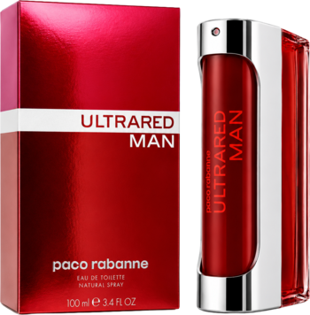Paco Rabanne Ultrared Man EDT 100 ml, czerwone, lśniące pudełko i butelka w metalicznym etui. Widok z przodu.