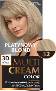 Opakowanie farby Joanna Multi Cream Color 32 Platynowy Blond z modelem, efekt 3D, trwały kolor.