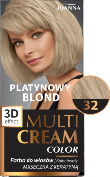 Farba Joanna Multi Cream Color 32 Platynowy Blond, opakowanie z modelką i próbką koloru, efekt 3D.