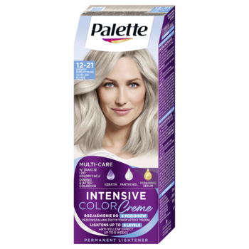 Fioletowe opakowanie farby Palette Intensive Color Creme 12-21, rozjaśniającej do włosów, z wizerunkiem blondynki.