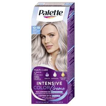 Fioletowe opakowanie Palette Intensive Color Creme 10-19 Chłodny Blond, z modelką, widok przód pod lekkim kątem.