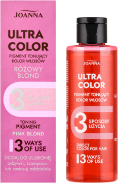 Joanna Ultra Color Pigment Pink Blond, różowy tonujący pigment w opakowaniu kartonowym i czerwonej butelce stojących obok siebie.