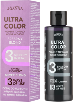 Joanna Ultra Color Toning Pigment Silver Blond do włosów, ciemna butelka i fioletowe pudełko, napis 3 sposoby użycia.