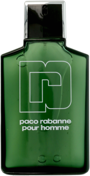 Paco Rabanne Pour Homme, zielona butelka męskiej wody toaletowej z białym logo i napisem, widok z przodu.