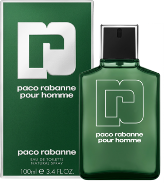 Paco Rabanne Pour Homme woda toaletowa, zielona butelka 100ml i pudełko. Widok z przodu, męski ziołowy zapach.