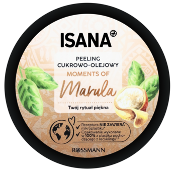 Isana Moments of Marula peeling cukrowo-olejowy, okrągłe opakowanie, widok z góry, beżowa etykieta z marulą i liśćmi.