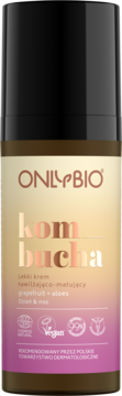 Onlybio Kombucha krem nawilżająco-matujący z grapefruit + aloes, brązowa butelka z różową gradientową etykietą.