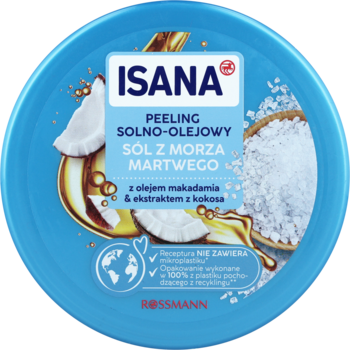 Isana peeling solno-olejowy Morze Martwe. Niebieski, okrągły słoik z kokosem i solą, widok z góry.