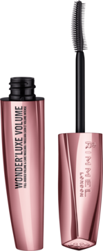 Mascara Rimmel Wonder'Luxe Volume, otwarta butelka w kolorze różowego złota ze szczoteczką, widok z przodu.