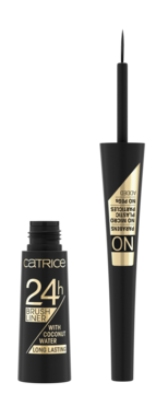 Czarny eyeliner Catrice 24h Brush Liner z wodą kokosową, otwarty, z aplikatorem obok, widok z przodu.