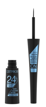 Catrice 24h wodoodporny eyeliner z wodą kokosową. Otwarta czarna butelka, obok pędzelek do precyzyjnej kreski.
