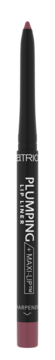 Ciemnoróżowa konturówka Catrice Plumping Lip Liner w czarnym opakowaniu, z temperówką. Widok z przodu.