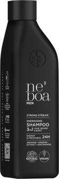 Czarna, matowa butelka Neboa MEN Energising Shampoo 3in1 do włosów, brody i ciała, z białymi napisami, widok z przodu.