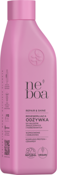 Różowa butelka Neboa Repair & Shine Regenerująca Odżywka, widok z przodu, do włosów zniszczonych i farbowanych.