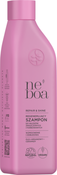 Różowa butelka szamponu Neboa Repair & Shine Regenerujący do włosów zniszczonych, widok z przodu.