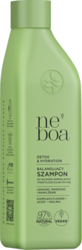 Zielony szampon Neboa Balansujący Detox & Hydration dla włosów przetłuszczających, 97% naturalny, widok przód.