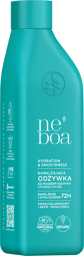 Nawilżająca odżywka Neboa Hydration & Smoothness do włosów suchych z kwasem hialuronowym, turkusowa butelka, widok z przodu.