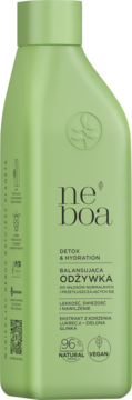 Zielona butelka Neboa Balansująca Odżywka Detox & Hydration z zieloną glinką, widok z przodu.