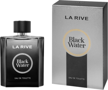 Męska woda toaletowa LA RIVE Black Water w ciemnej, prostokątnej butelce i srebrnym opakowaniu, widok z przodu.