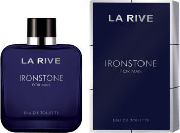 La Rive Ironstone woda toaletowa dla mężczyzn. Ciemnoniebieska butelka i kartonik z napisem 'Ironstone For Man'.