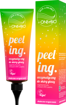 OnlyBio peeling enzymatyczny do skóry głowy, tubka i pudełko w żywych kolorach różu, żółci i zieleni, obok siebie.