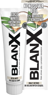 Pasta BlanX Coco White Detox dla wrażliwych dziąseł, biała tubka z zielonym liściem i widocznym opakowaniem.
