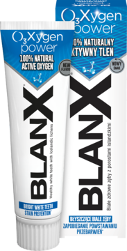 BlanX O3X Power, pasta wybielająca, biała tubka i pudełko z niebieskimi akcentami, napisy o aktywnym tlenie.