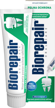 Biorepair Pełna Ochrona, biała tuba 75ml z zielonymi akcentami, Microrepair, bez fluoru, widok z przodu.