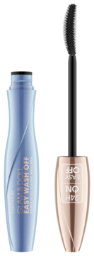 Mascara Catrice Glam & Doll Easy Wash Off, błękitna tuba, różowo-złoty aplikator z wysuniętą szczoteczką.