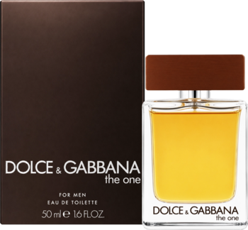 Dolce & Gabbana The One for Men woda toaletowa 50ml. Brązowe pudełko obok butelki z bursztynowym płynem i brązową zakrętką.