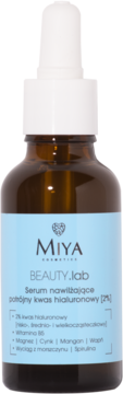Miya BEAUTY.lab serum z 2% kwasem hialuronowym w brązowej butelce z białą pipetą, widok z przodu.